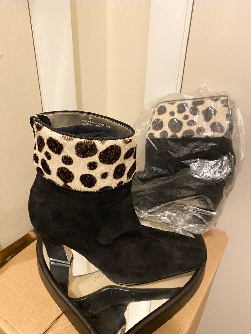 Pazzo Black Suede Ankle Boots with Leopard-Print Cuff & Rear Zip. NWOT 8 1/2